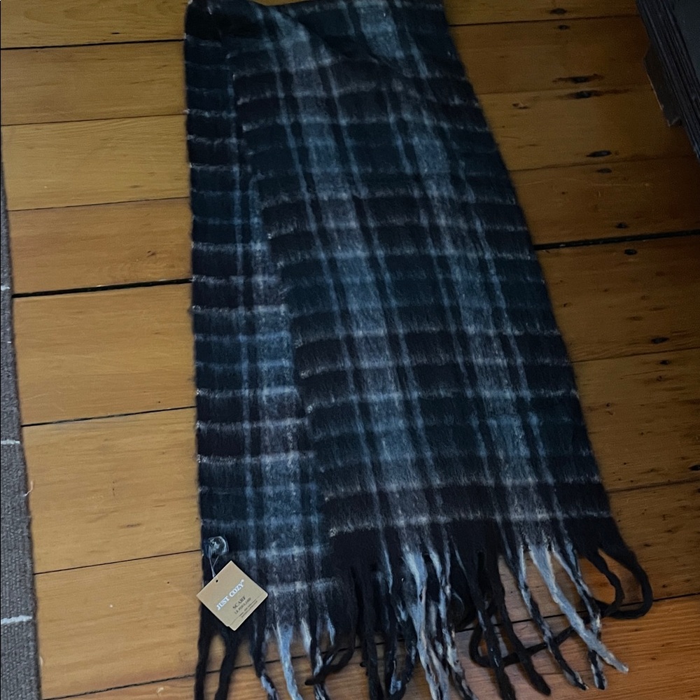 Plaid Fringe Scarf in Brown/Blue gray